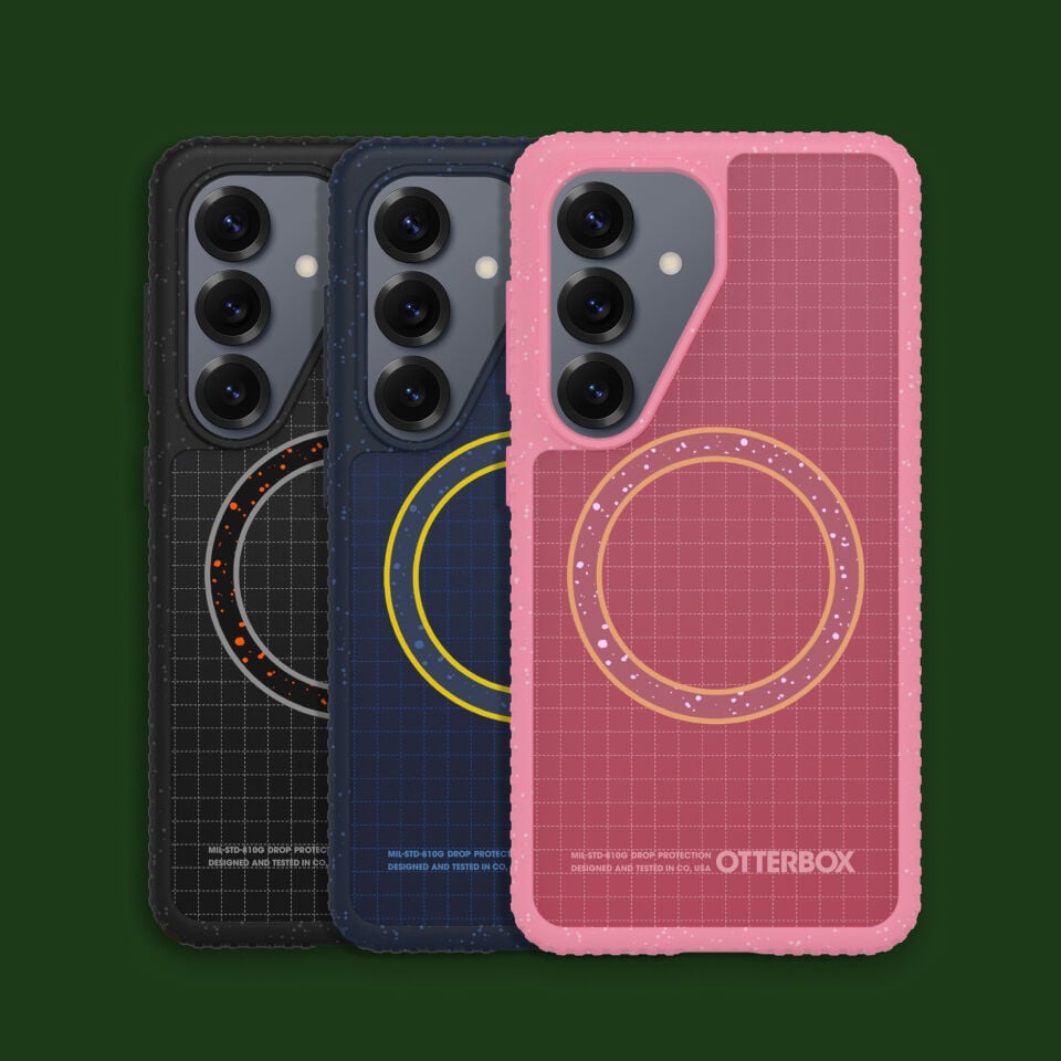 Three phone cases with different designs on a green background, featuring the OtterBox brand.