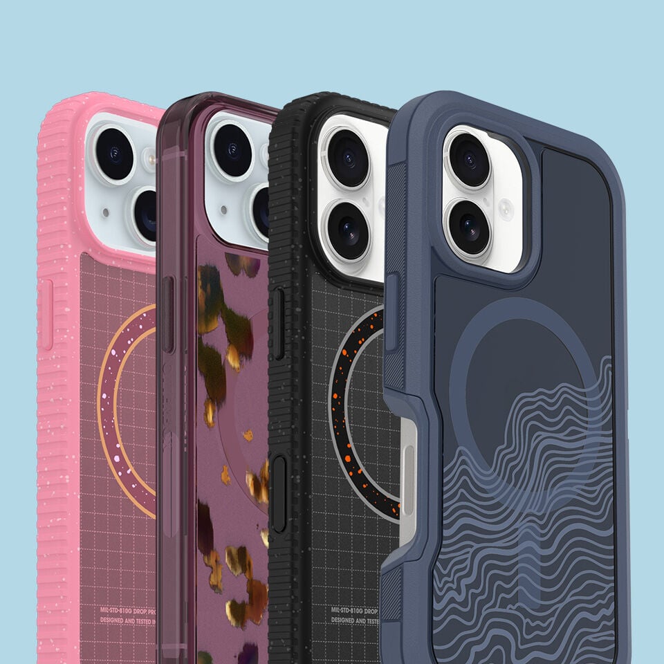 Four different phone case designs on a light blue background