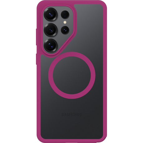 Phone case with pink border and circular design on a gray background