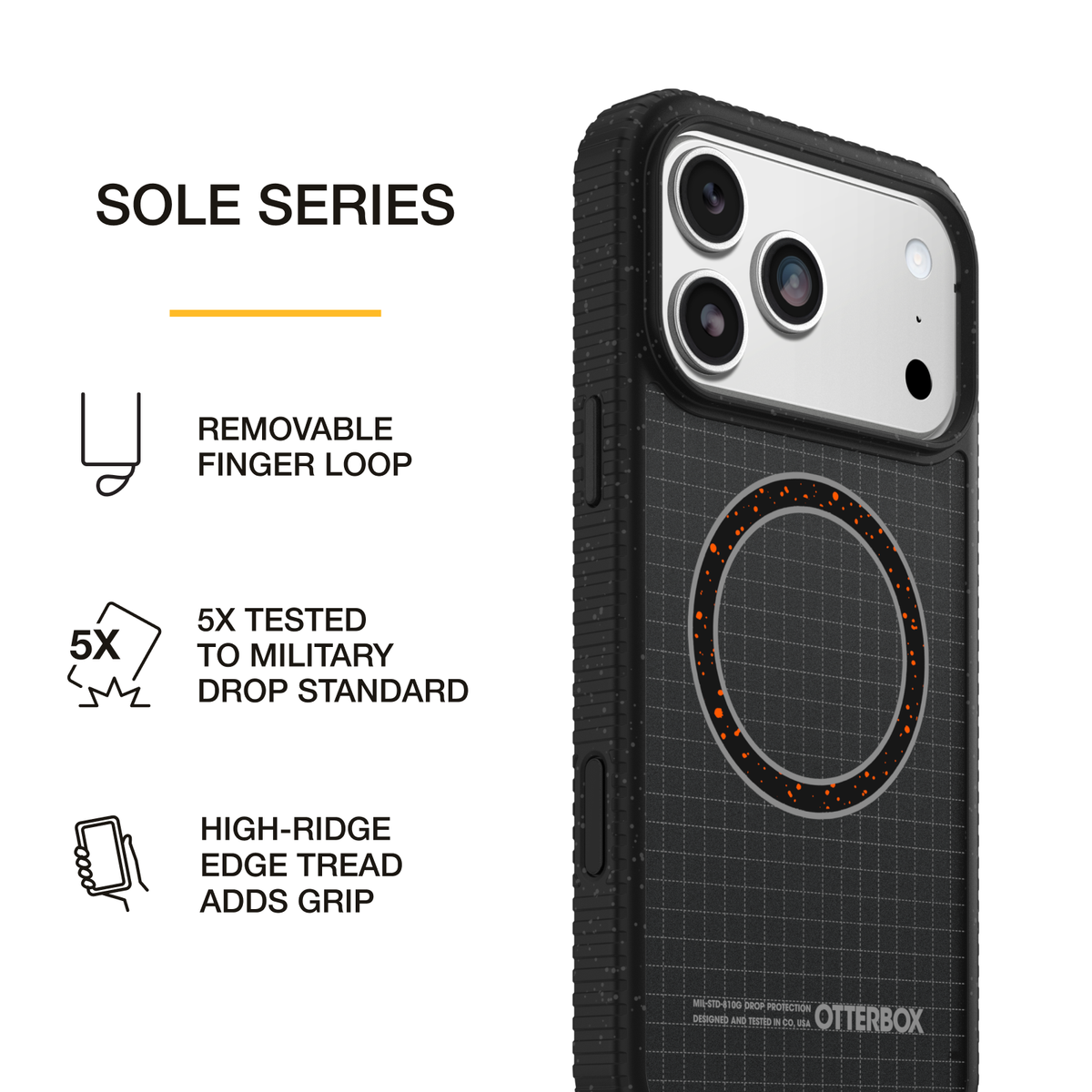 OtterBox Sole Series phone case featuring a removable finger loop, 5X military-standard drop protection, and textured edges for enhanced grip.
