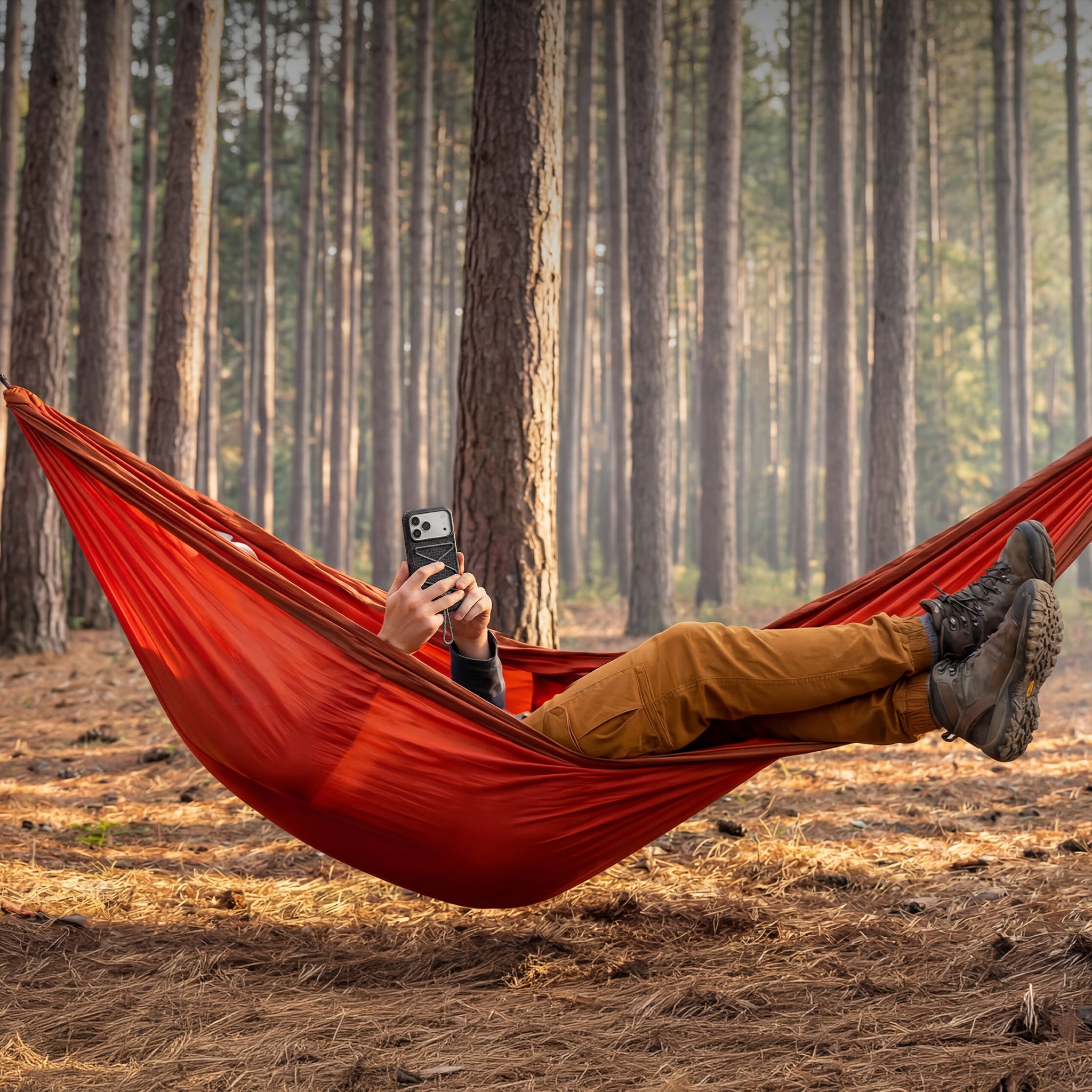 Person relaxing in a red hammock in a forest, using a phone.