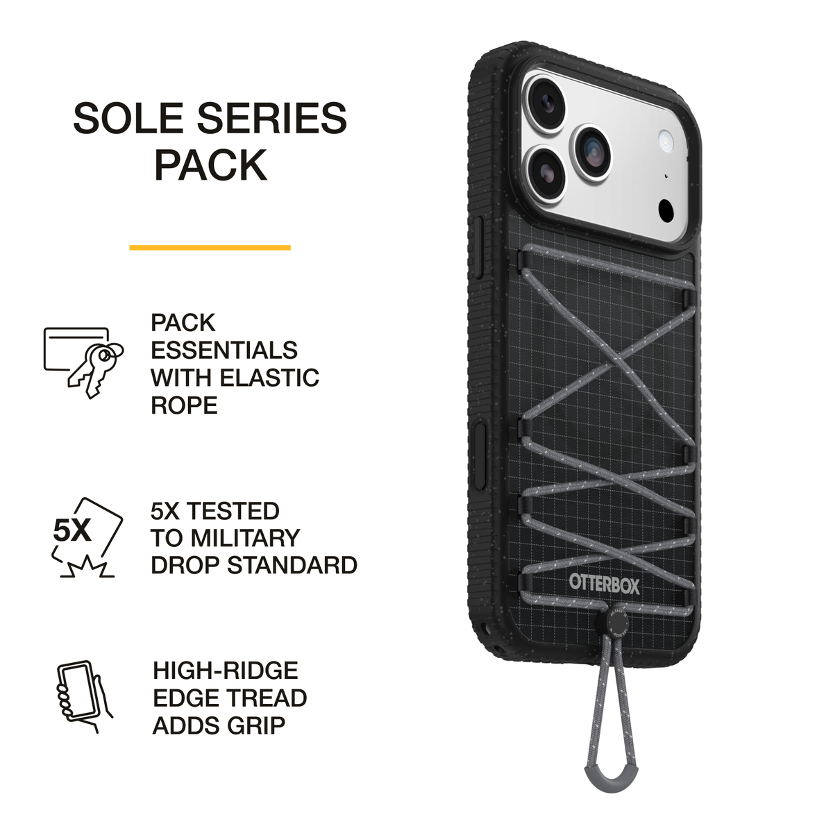 OtterBox Sole Series Pack phone case featuring elastic cord storage for small essentials, 5X military-standard drop protection, and textured edges for enhanced grip.
