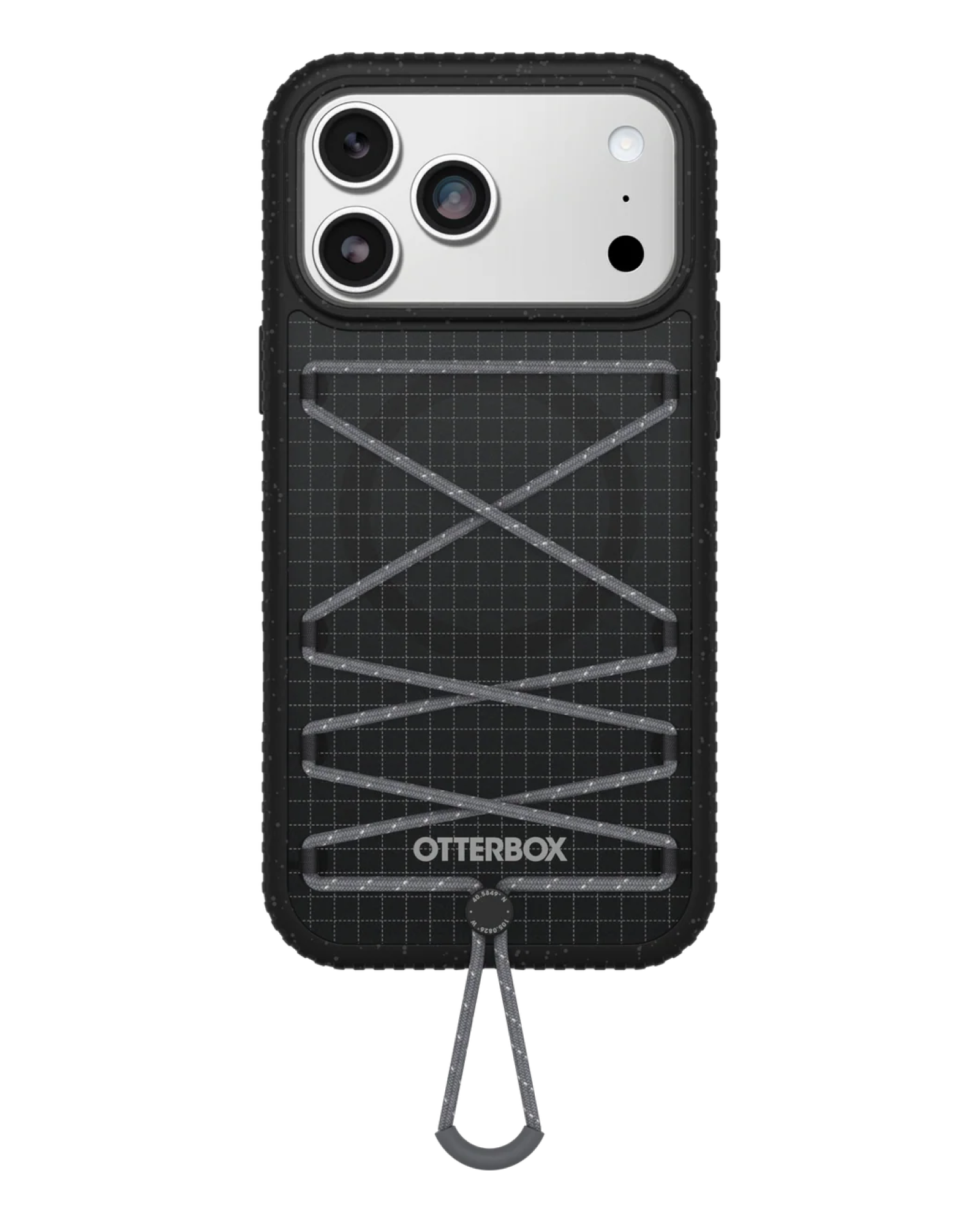 Black OtterBox phone case with grid pattern on a white background