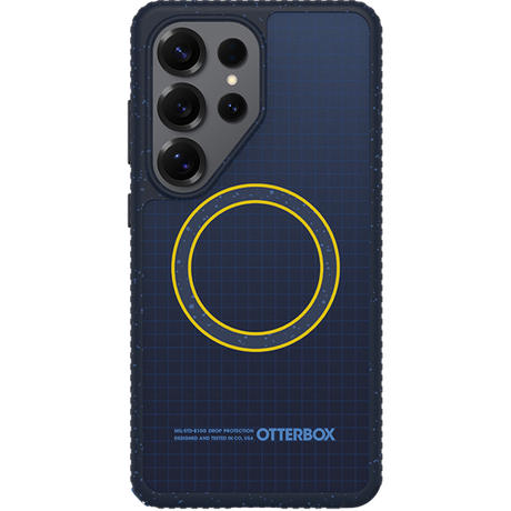 Blue phone case with yellow circle design and OtterBox branding on a white background
