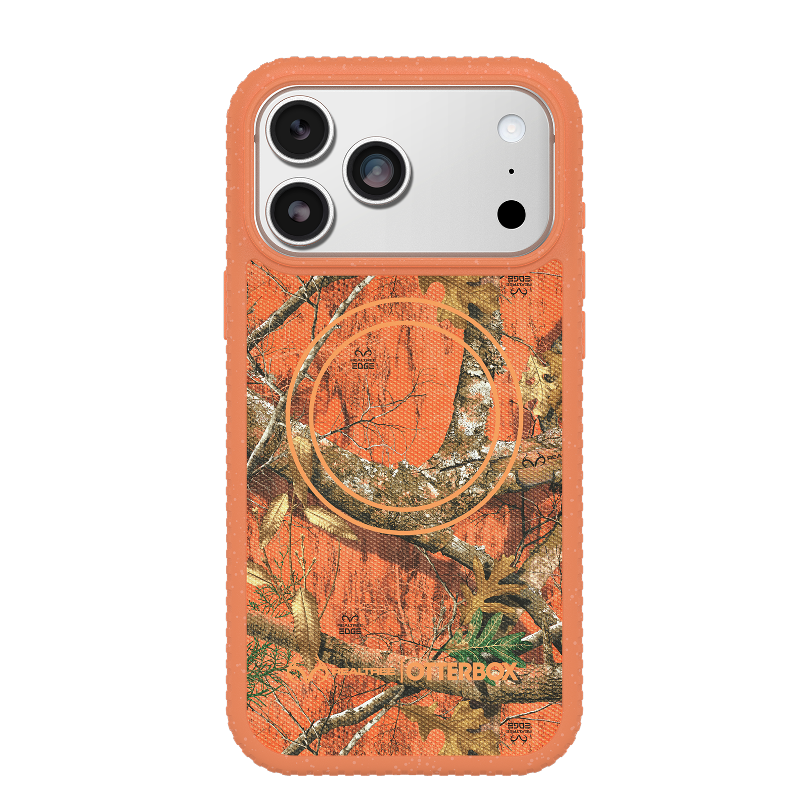 An orange protective phone case with a Realtree Edge camouflage pattern on the back, shown on a white background.
