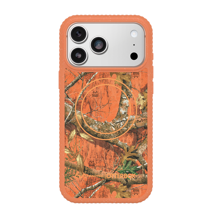 An orange protective phone case with a Realtree Edge camouflage pattern on the back, shown on a white background.
