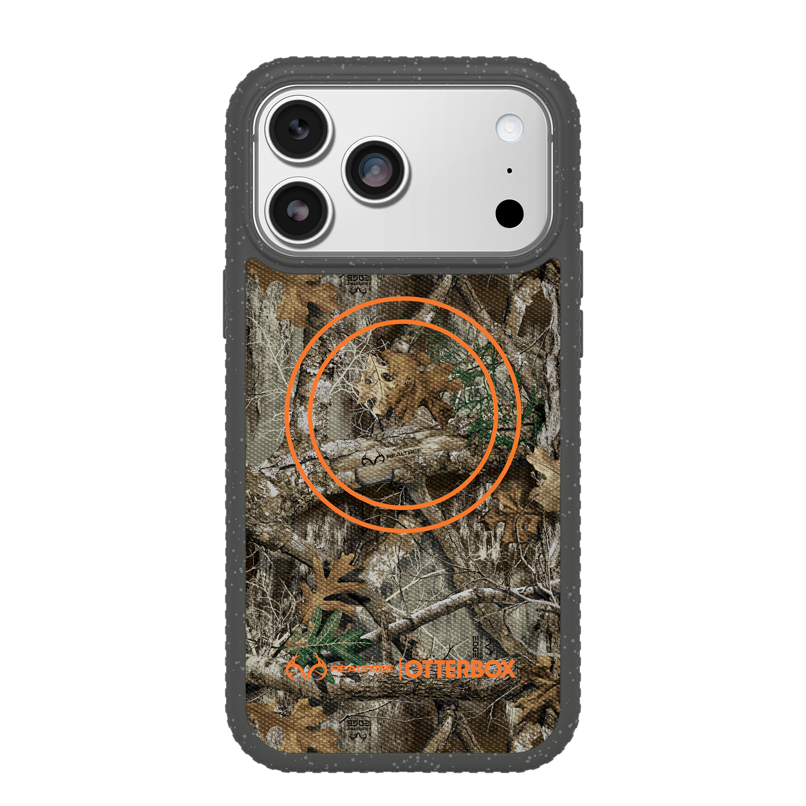 A protective phone case featuring a Realtree Edge camouflage pattern. The case has a dark gray textured bumper border.