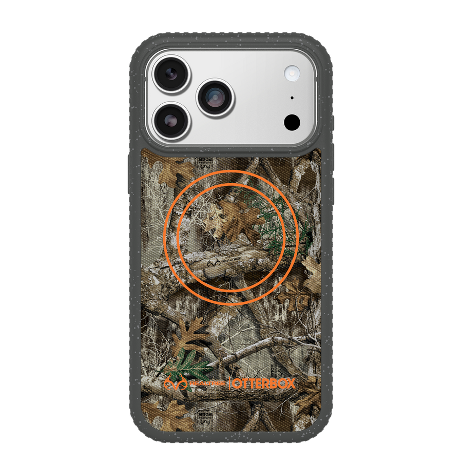 A protective phone case featuring a Realtree Edge camouflage pattern. The case has a dark gray textured bumper border.