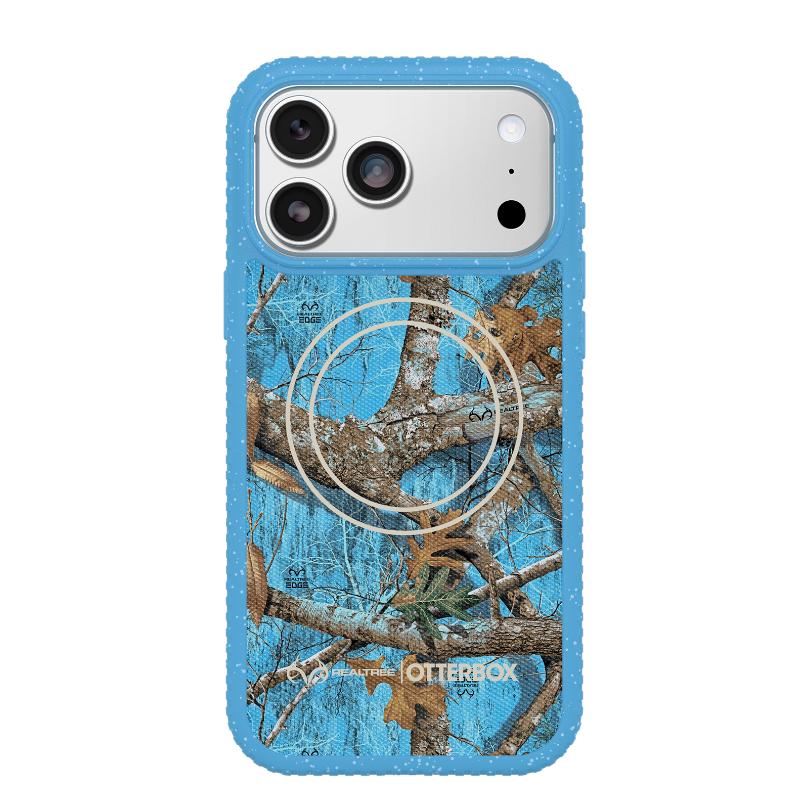 A protective phone case featuring a blue and brown Realtree camouflage tree branch pattern with a circular MagSafe-compatible ring design, shown on a white background.