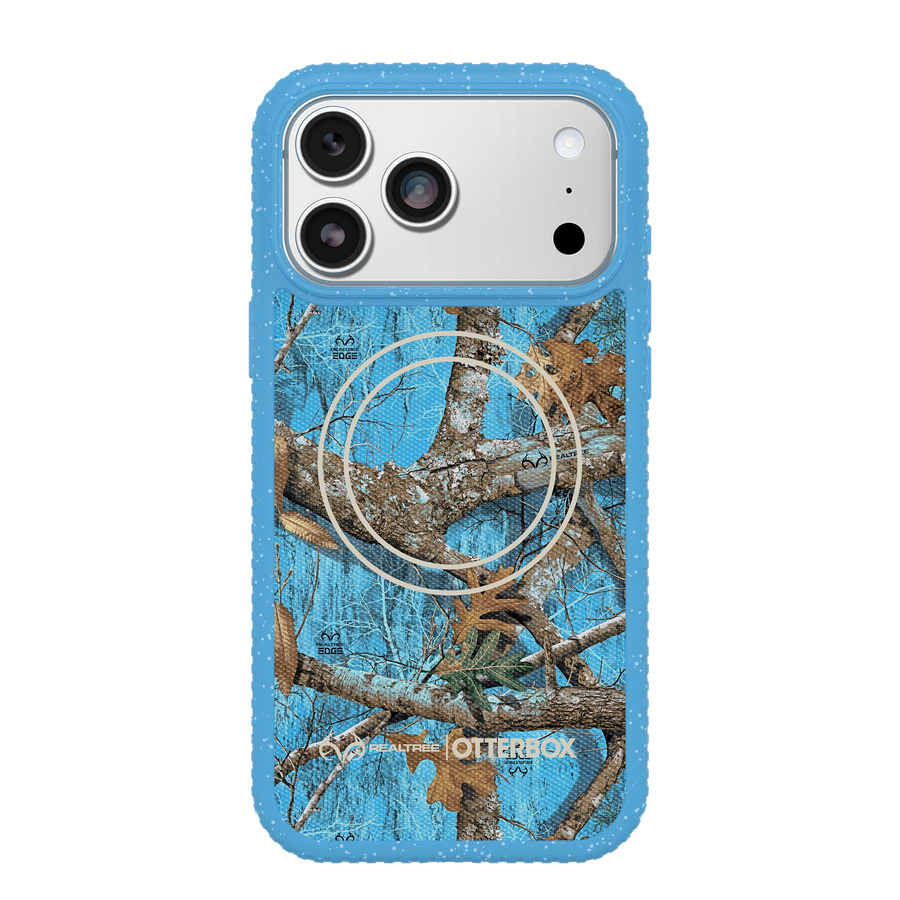 A protective phone case featuring a blue and brown Realtree camouflage tree branch pattern with a circular MagSafe-compatible ring design, shown on a white background.