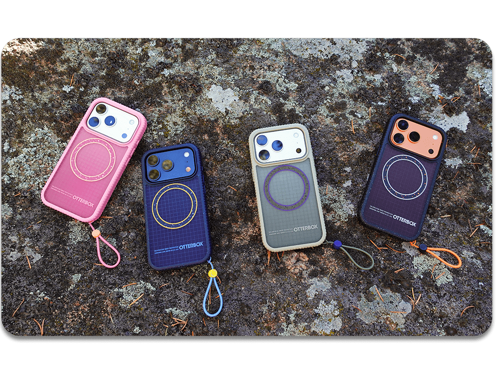 Five phone cases in different colors on a textured surface