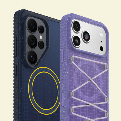 Blue sole series on galaxy and purple sole pack on iphone with light yellow background