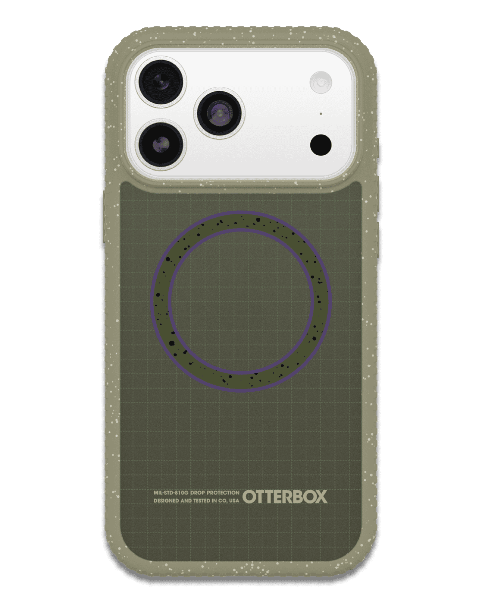 Green OtterBox phone case with grid pattern on a transparent background