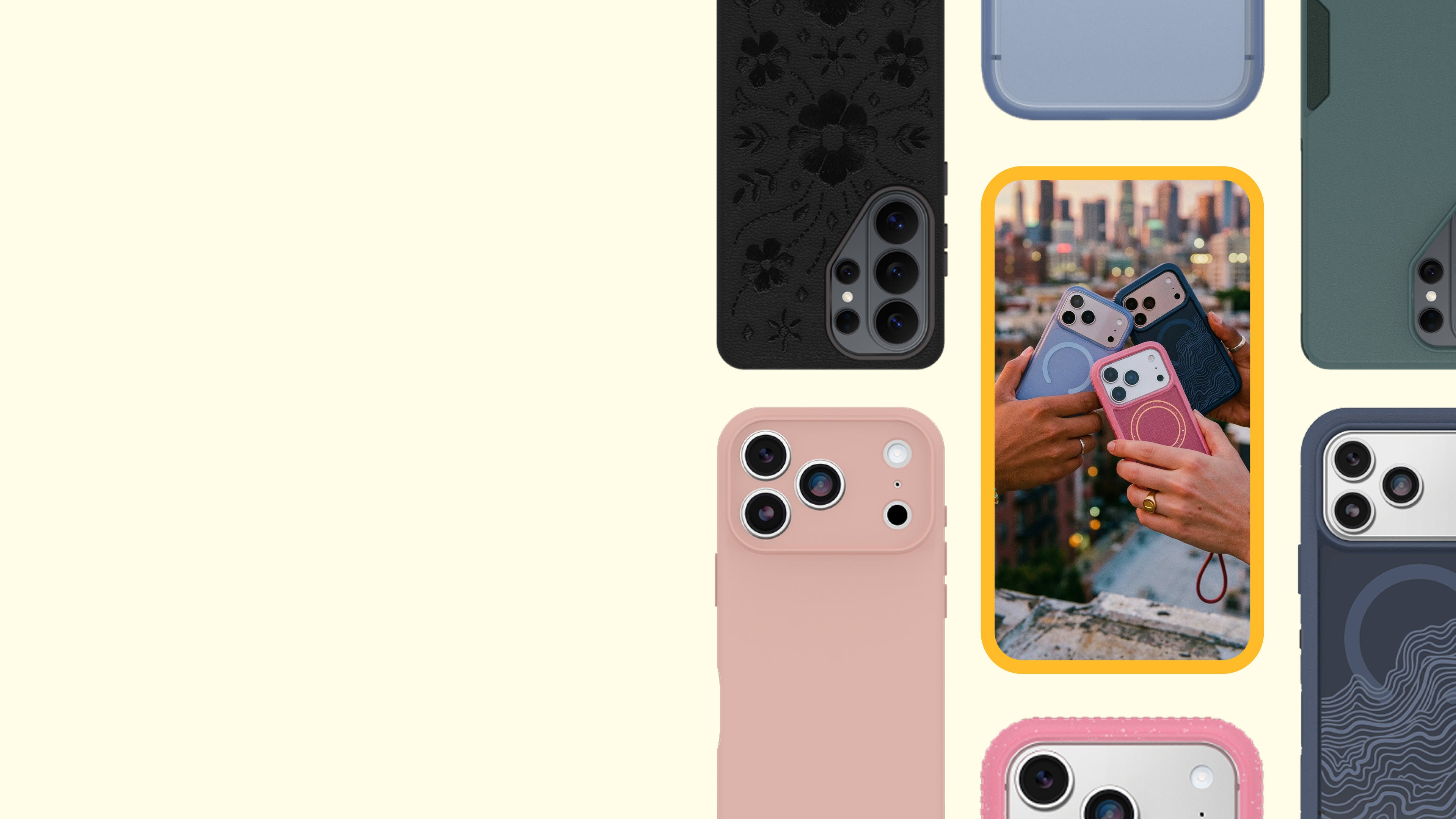 Collection of phone cases in various colors and designs on a white background