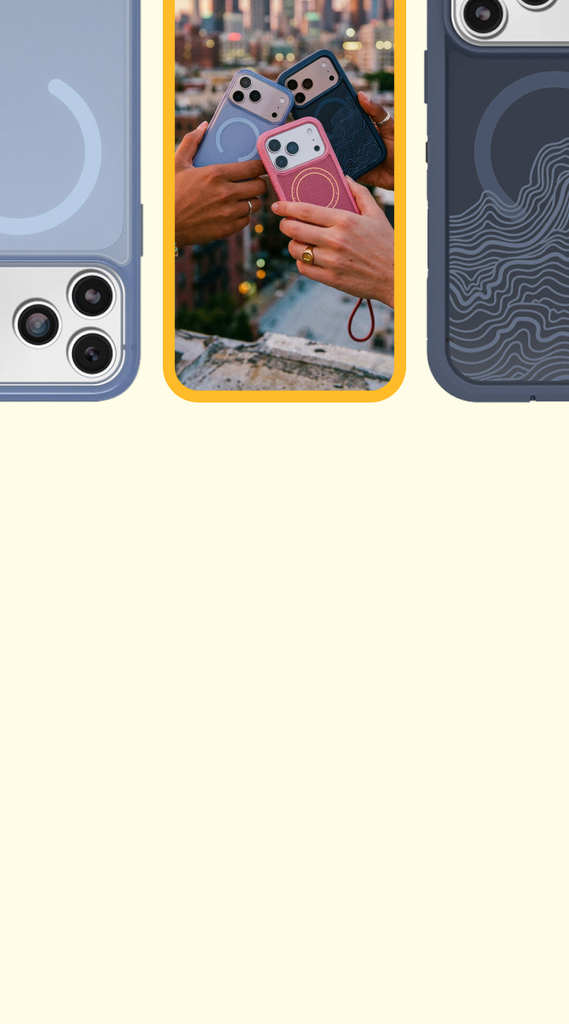 Three phone cases with different designs on a yellow background