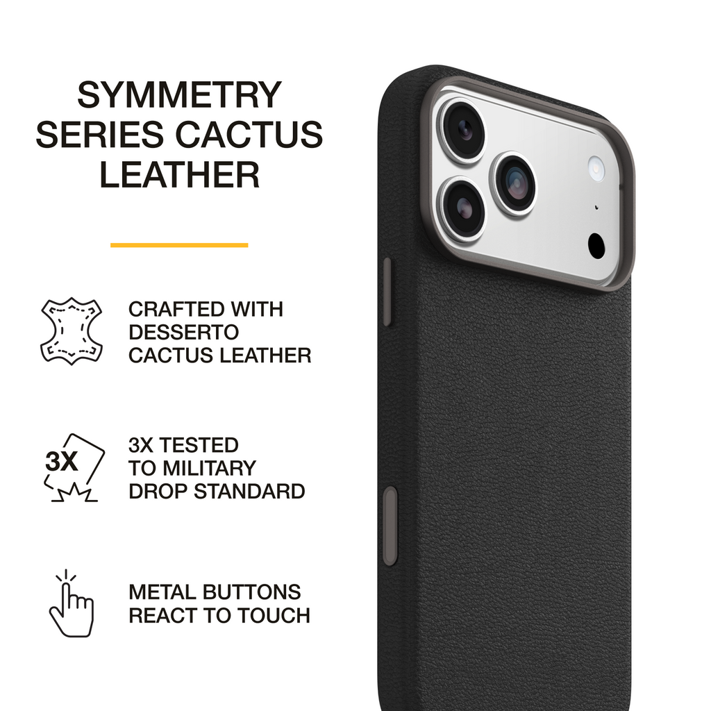 Black OtterBox Symmetry Series Cactus Leather phone case crafted with Desserto cactus leather, featuring 3X military-standard drop protection and responsive metal buttons.