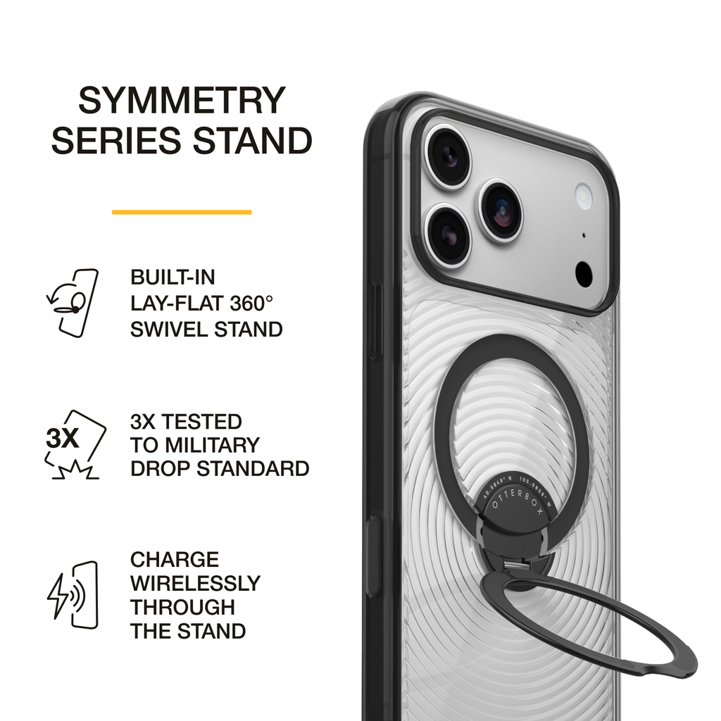 OtterBox Symmetry Series Stand phone case featuring a built-in 360-degree swivel stand, 3X military-standard drop protection, and wireless charging compatibility without removing the stand.