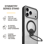 OtterBox Symmetry Series Stand phone case featuring a built-in 360-degree swivel stand, 3X military-standard drop protection, and wireless charging compatibility without removing the stand.