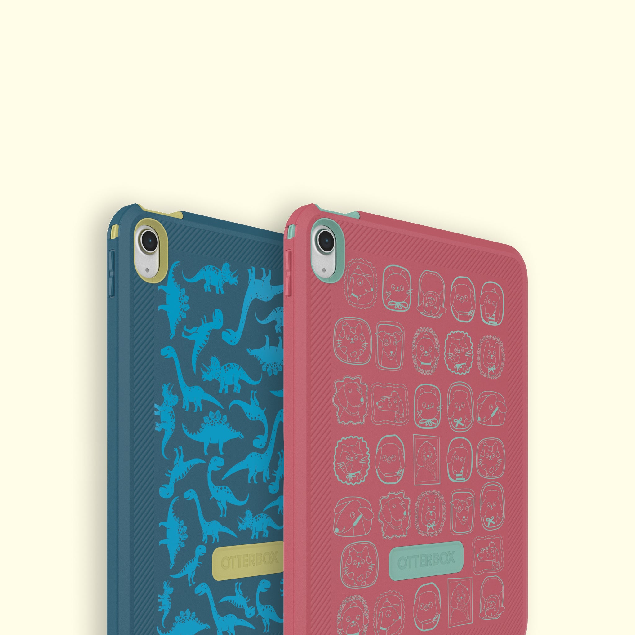 Two phone cases, one with dinosaur pattern and the other with robot pattern, on a light beige background.