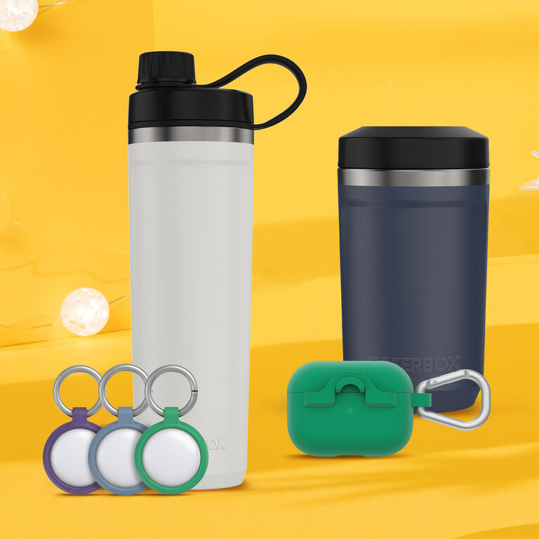Stocking stuffers - white water bottle, green airpods case, black can cooler/holder, and purple, blue and green airtag holders