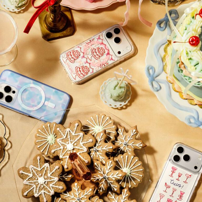 holiday iphone cases for iphone 16 pro and iphone 17 pro max surrounded by holiday cookies