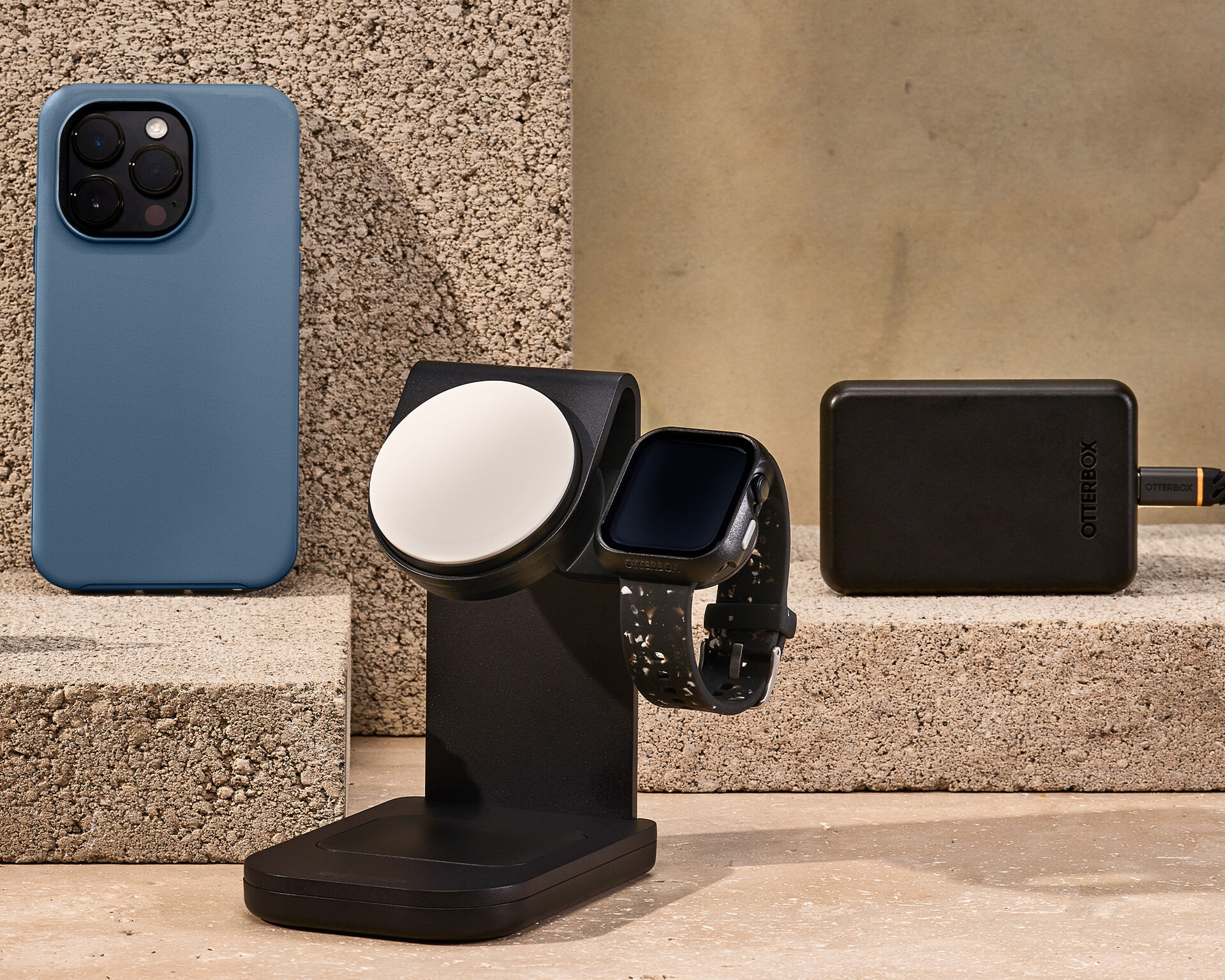 Blue case, 3-in-1 Charging Station with MagSafe with a apple watch charging, and a wall charger