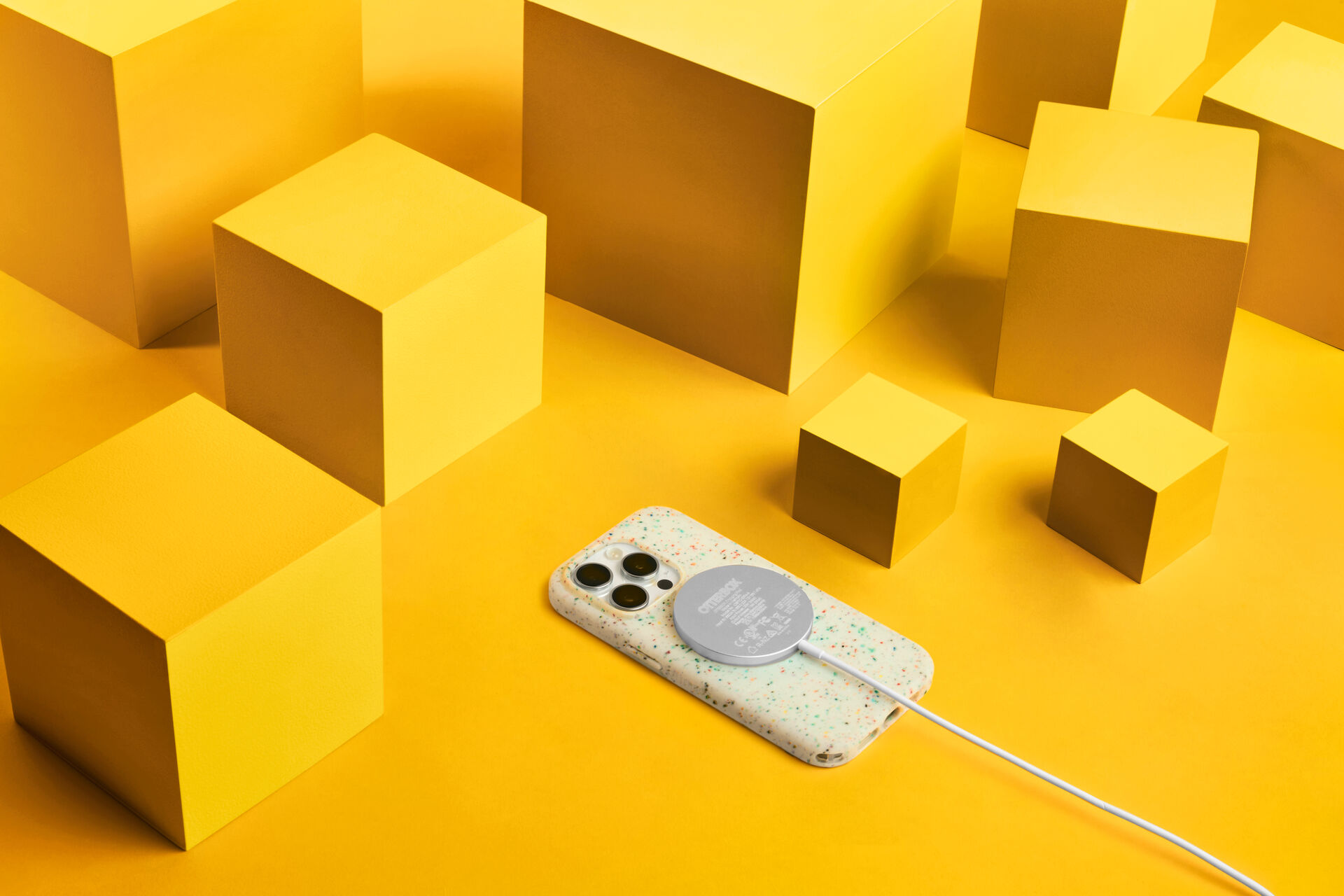 sustainable phone case for iphone 16 made from recycled material on yellow background