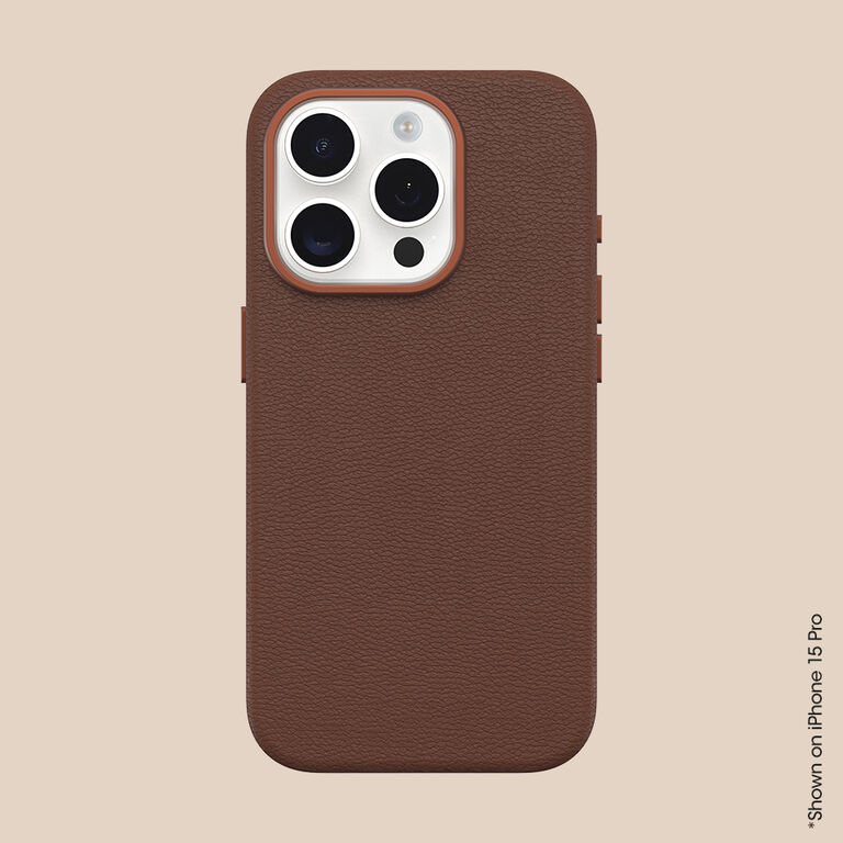 tan phone case on neutral background