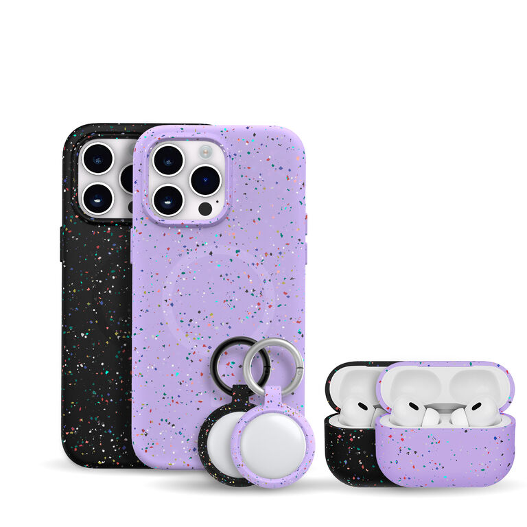 purple and black confetti iPhone, AirTag, and AirPod cases