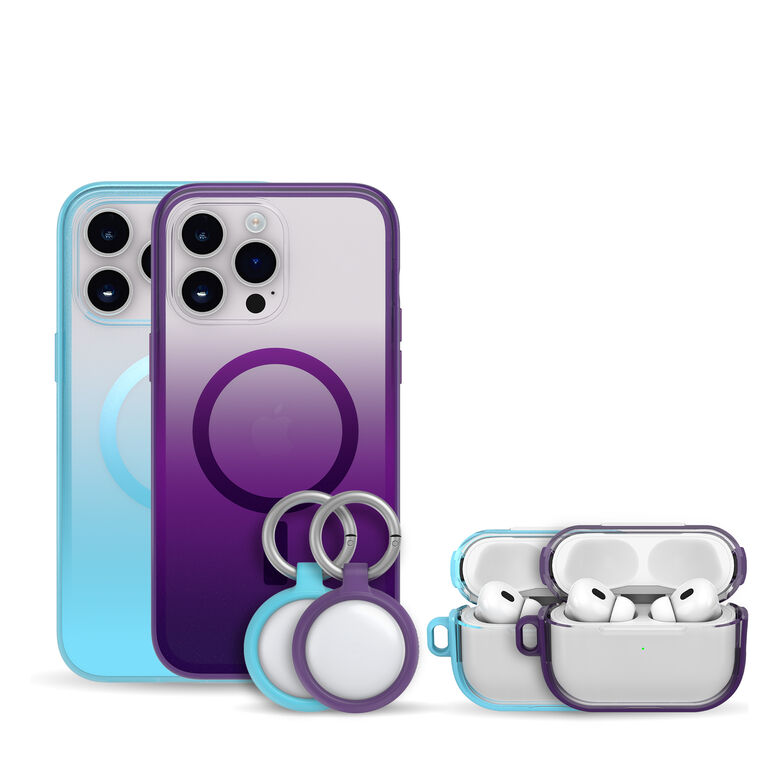 purple and blue gradient iPhone, AirTag, and AirPod cases