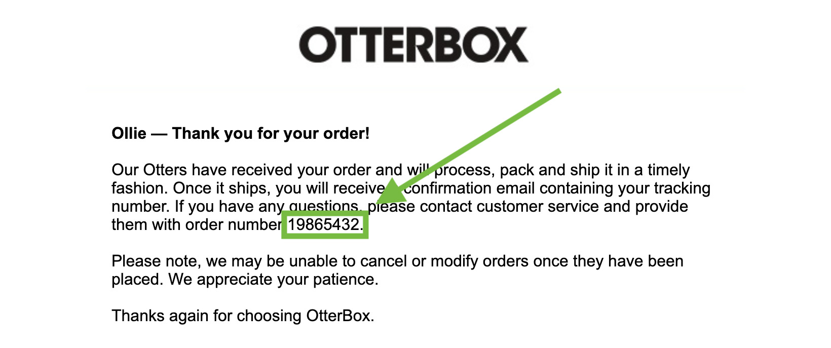Order Confirmation email clip with Order Number highlighted